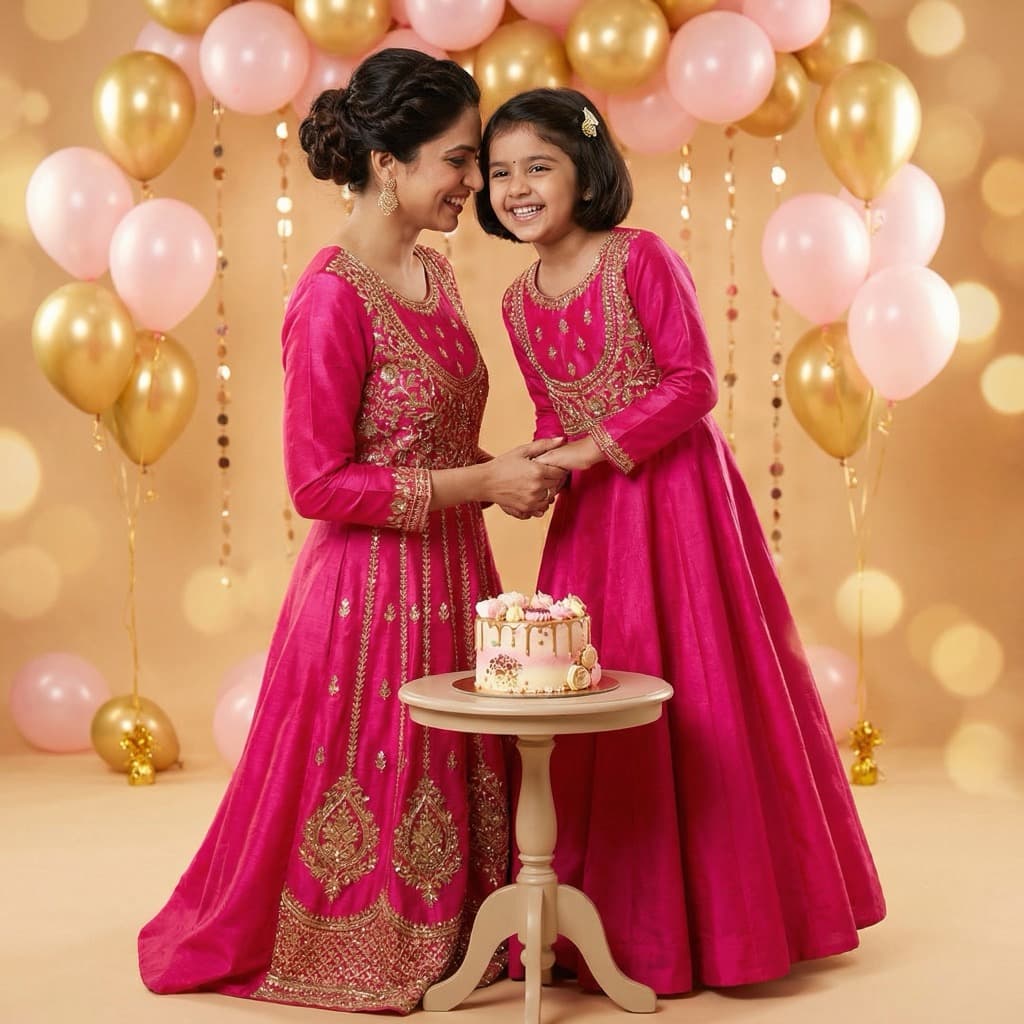 Mom and daughter matching birthday party outfits in pink