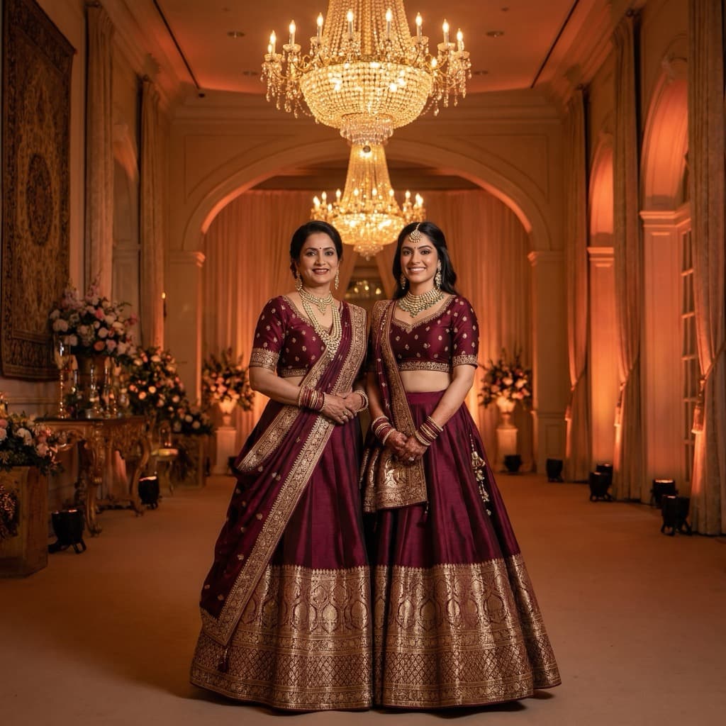 Mom and daughter matching maroon and gold brocade lehengas
