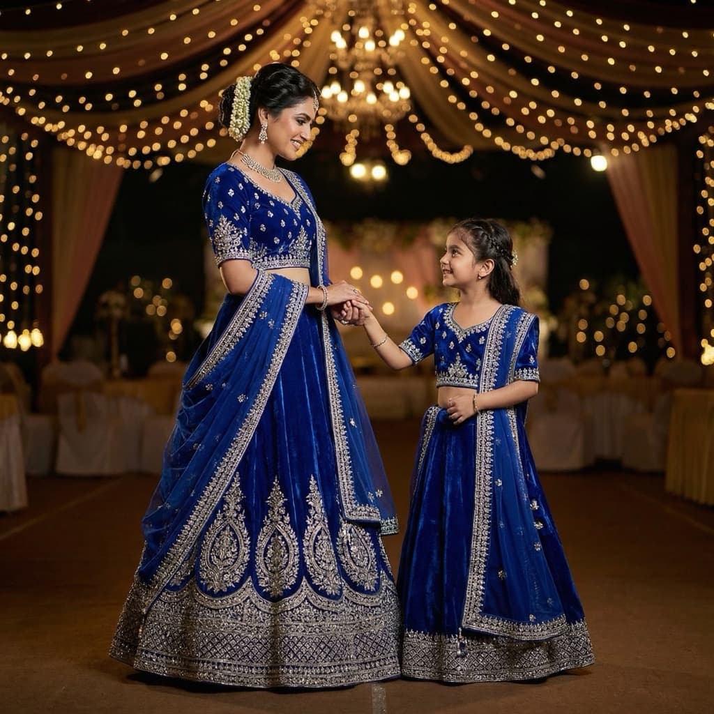 Mom and daughter matching royal blue velvet lehenga sets