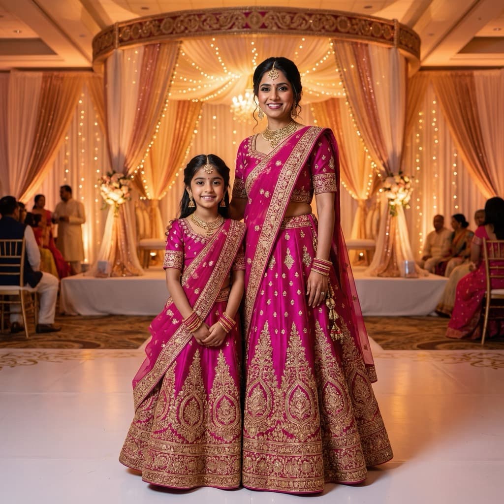 Mom and daughter matching wedding lehengas in pink gold