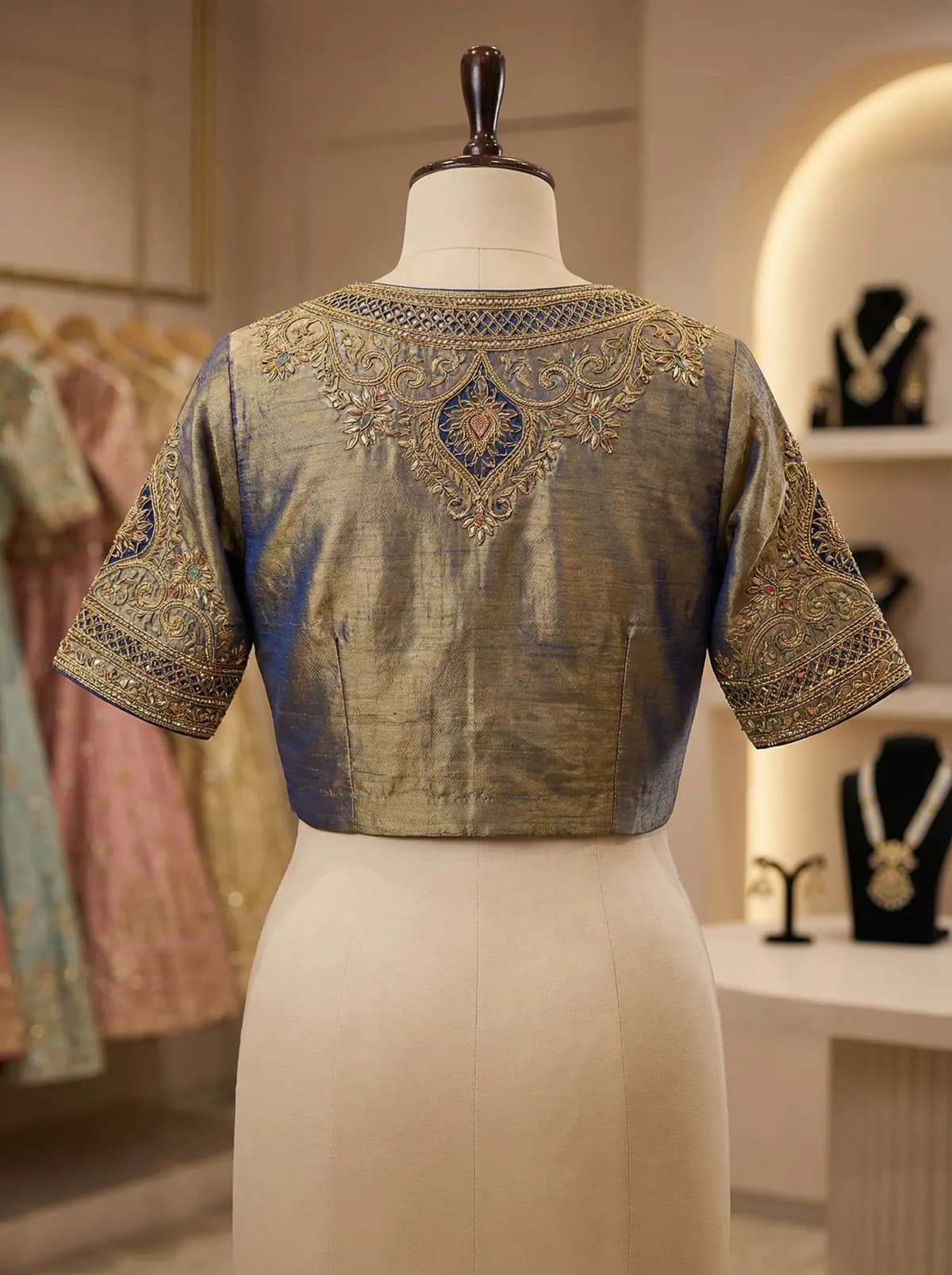 Designer blouse neckline and handwork detail by Jodi Studio