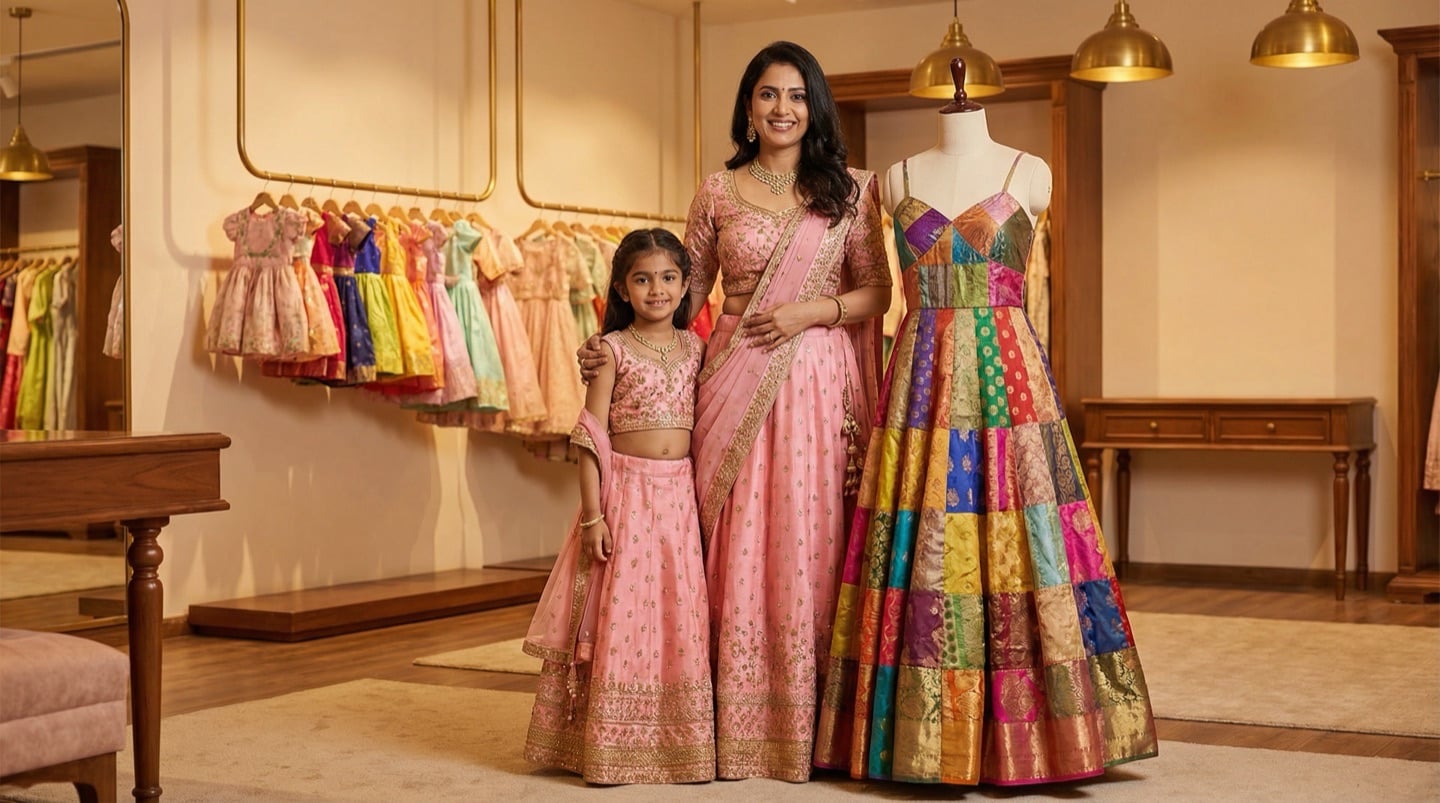 Luxury Indian fashion — elegant silk fabrics with gold embroidery