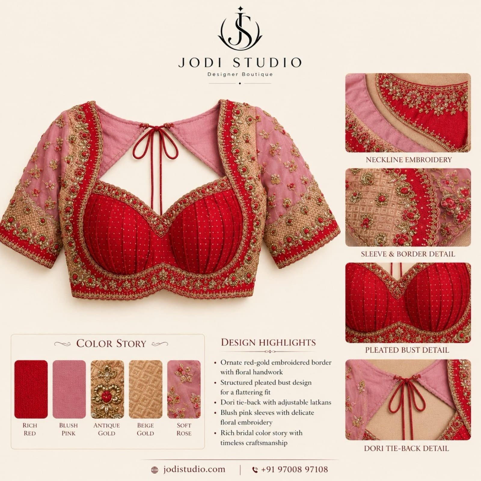 Jodi Studio designer boutique atelier with blouses, lehengas, kids wear, fabrics, and sketches